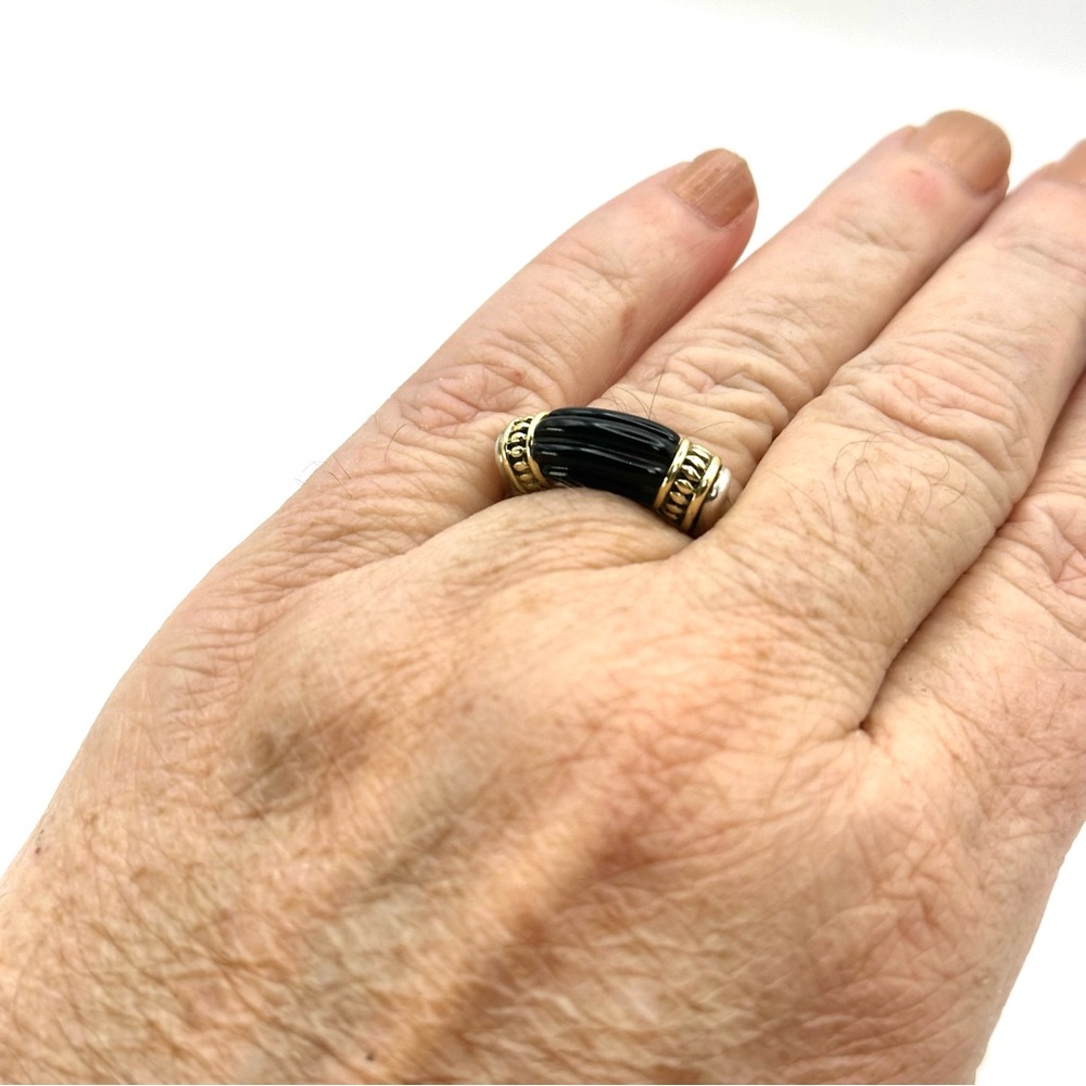 Lagos Caviar Fluted Black Onyx , Silver &18 Kt  Gold Ring Size 7 - Picture 8 of 10